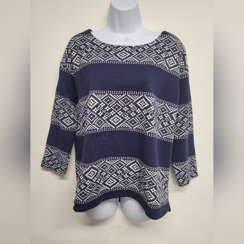 Old Navy M Top Blue White 3/4 Sleeve Boatneck